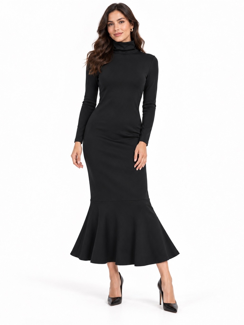 ANTONIO MELANI SZ M Black Long-Sleeve Turtleneck Mermaid Midi Dress/Bust 34”-40”